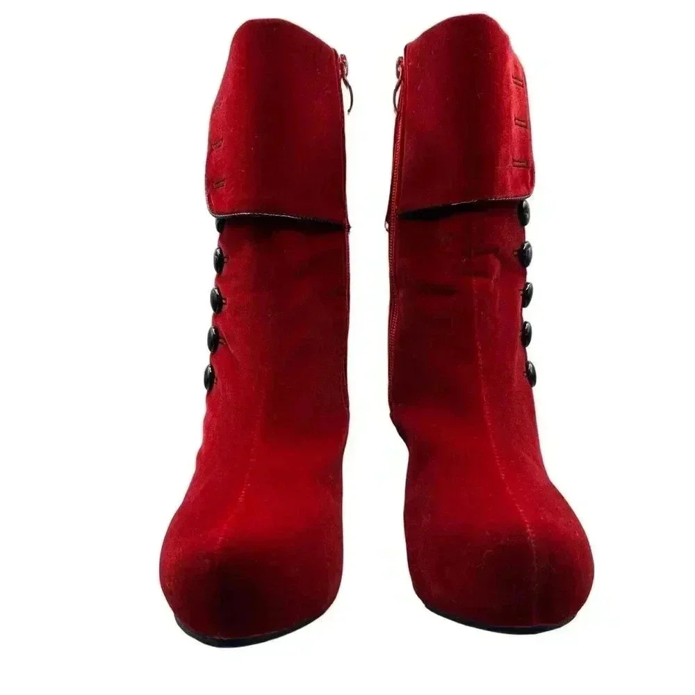 Red Velvet Victorian Inspired Platform Booties Button Accent Stiletto Heel - Picture 11 of 16